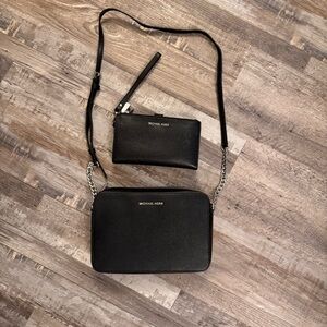 Michael Kors Black Crossbody Bag + Matching Wristlet Wallet Set Leather